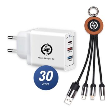 AV Fast Charger 1x USB C, 2x USB A met 3 in 1 oplaadkabel