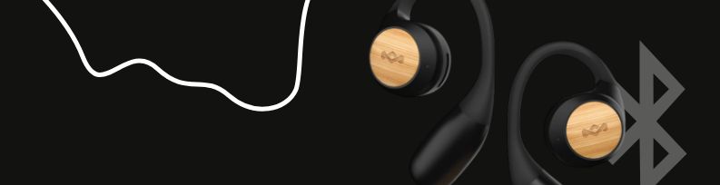 Afbeelding van bluetooth oordopjes, de Liberate open air die op een zwarte achtergrond gepresenteerd worden