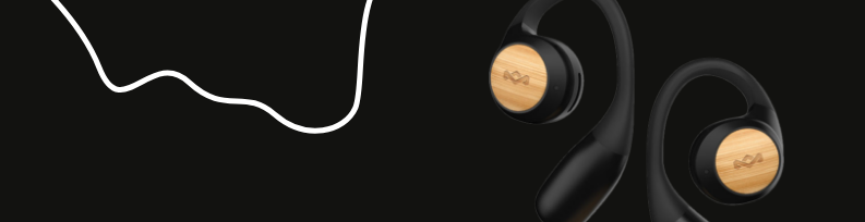 Afbeelding van bluetooth oordopjes, de Liberate open air die op een zwarte achtergrond gepresenteerd worden